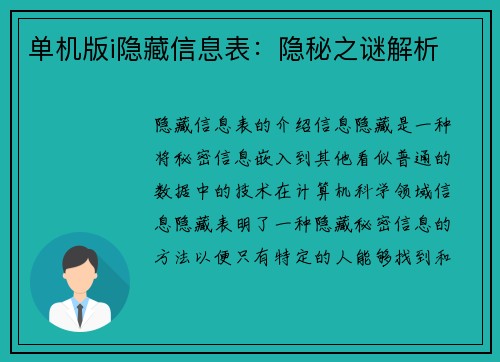 单机版i隐藏信息表：隐秘之谜解析